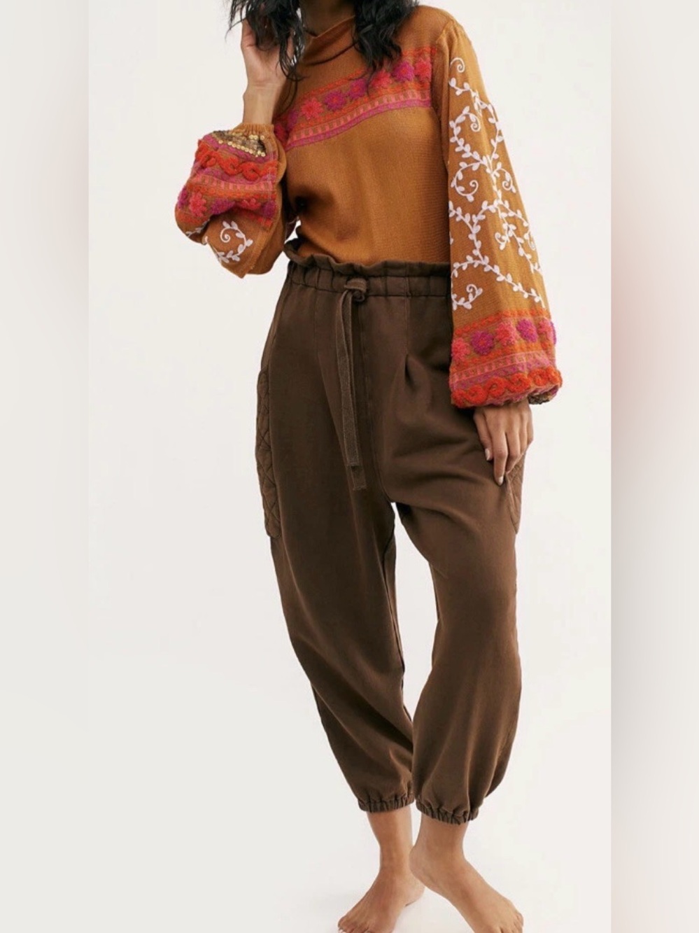 Free People Brown Drawstring Track Joggers 100% cotton